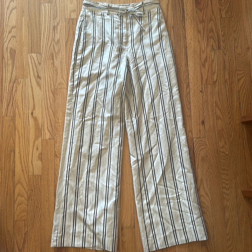 Frame sz 4 silk striped wide leg pants zip fly pockets fly zip pockets tie waist